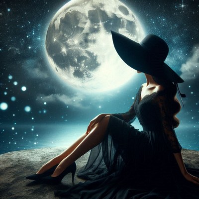Woman gazing at full moon