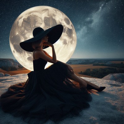 Woman in hat under full moon