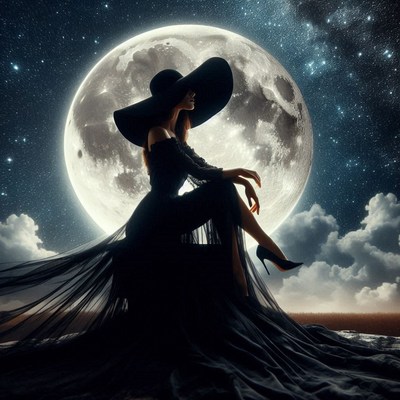 Woman in black dress under full moon