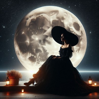 Woman in black dress under full moon