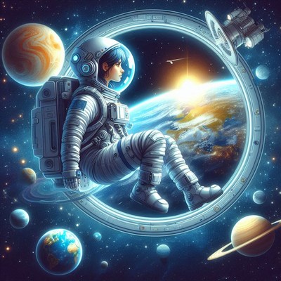 Astronaut gazing at earth from spacecraft window