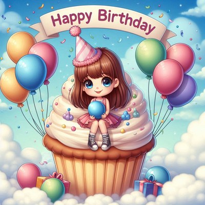 Girl celebrating birthday on cupcake