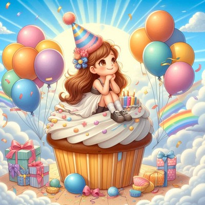 Birthday girl on giant cupcake