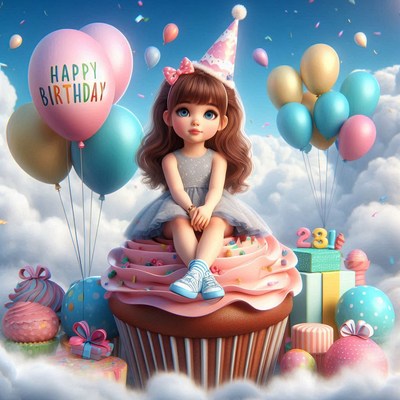 Girl celebrates birthday on cupcake