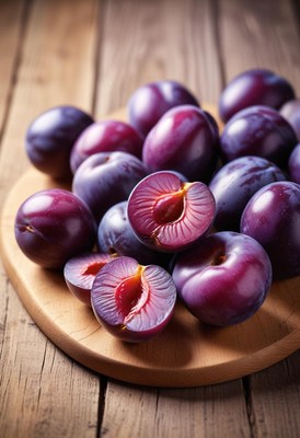 Fresh plums on wooden cutting board