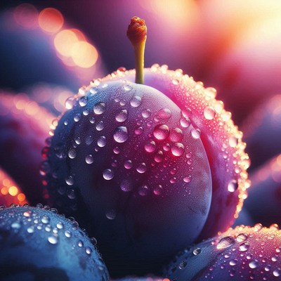 Dew-covered plums in sunlight