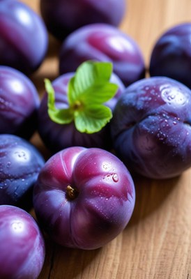 Fresh plums on wooden surface