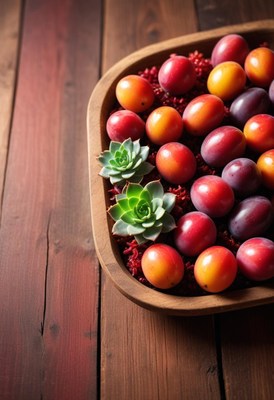 Plums and succulents in wooden bowl