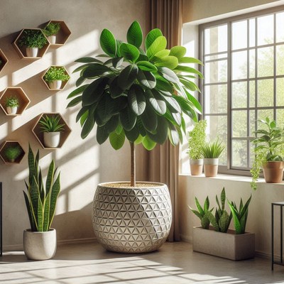 Large green plant in geometric pot by window