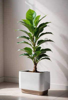 Ficus plant in white pot near window