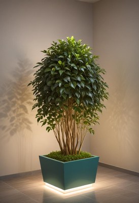 Green plant in teal pot with lights