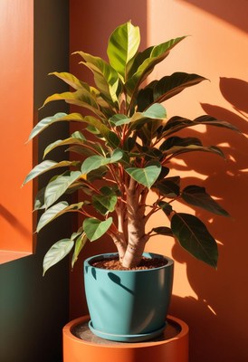 Ficus plant in teal pot