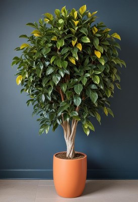 Ficus tree in orange pot against blue wall