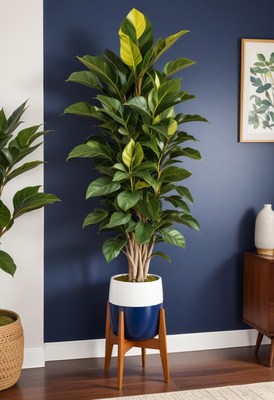 Fiddle leaf fig plant in blue pot