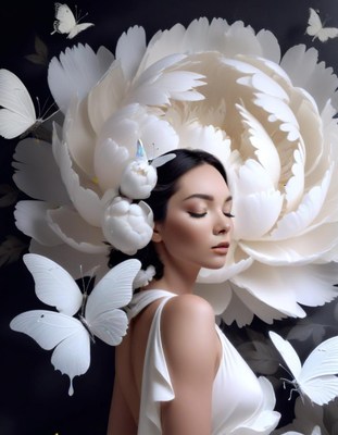 Woman posing with white peonies and butterflies