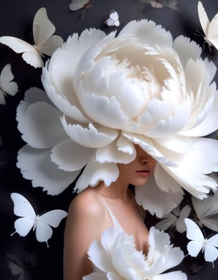 Woman with white flower crown and butterflies