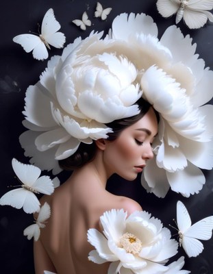 Woman surrounded by white peonies and butterflies