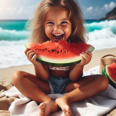 Girl eating watermelon on beach