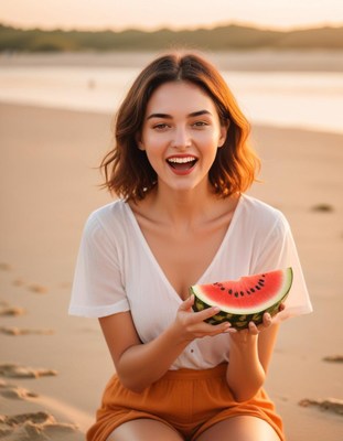 Woman eating watermelon on beach at sunset