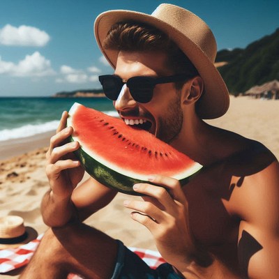 Man eating watermelon on beach