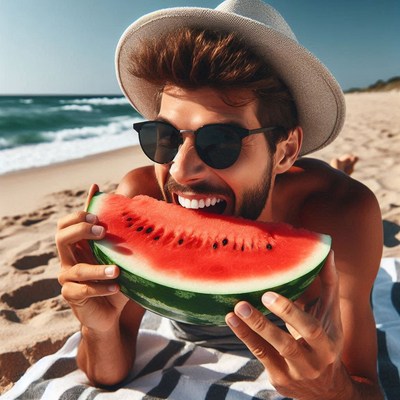 Man eating watermelon on beach