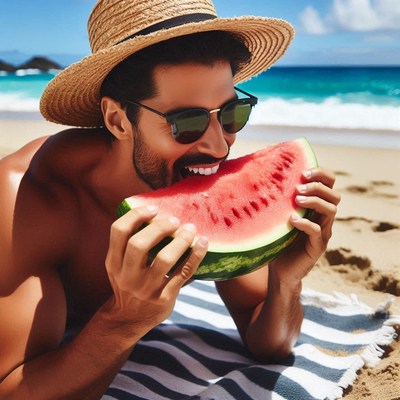 Man eating watermelon on beach