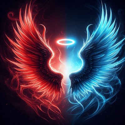 Red and blue angel wings with halo