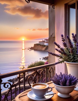Sunset coffee on a balcony
