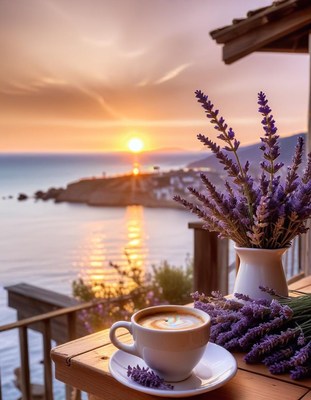 Coffee and lavender at sunset