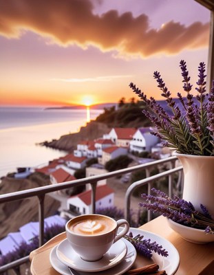 Sunset coffee with lavender view