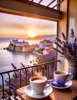 Coffee and sunset over coastal town