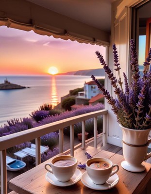 Balcony coffee at sunset