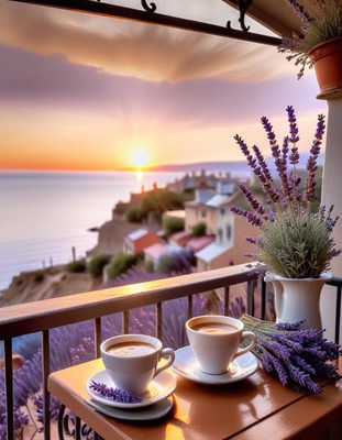 Coffee and lavender sunset view