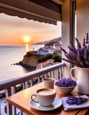 Balcony coffee at sunset