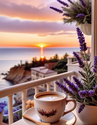 Coffee and lavender at sunset