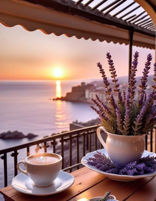 Coffee and lavender at sunset