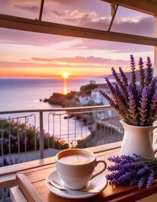 Morning coffee with ocean sunset view