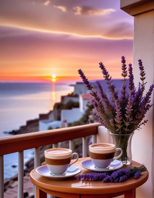 Coffee and lavender at sunset