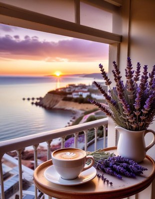 Coffee and lavender at sunset