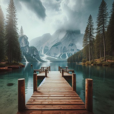 Wooden dock leading to snowy mountain lake