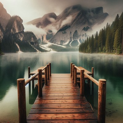 Wooden dock on serene mountain lake