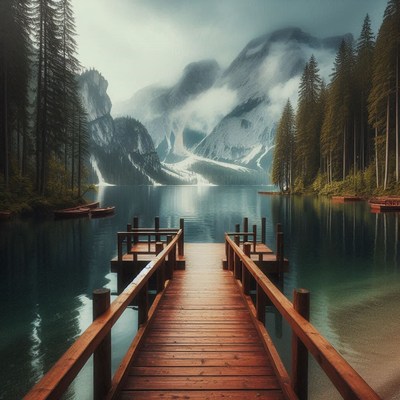 Wooden dock leading to mountain lake