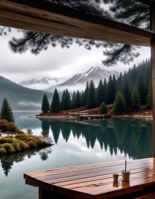 Mountain lake view from cabin deck