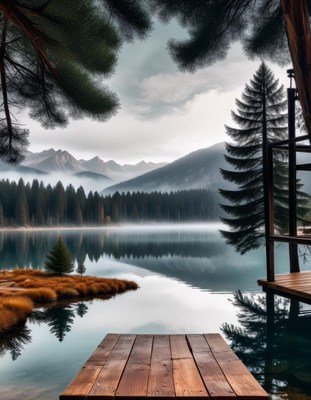 Mountain lake view from a dock