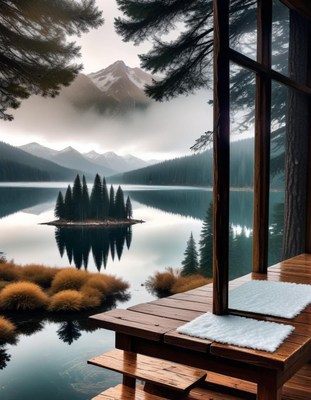 Mountain lake view from cabin deck