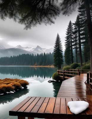 Snowy heart on a mountain lake deck