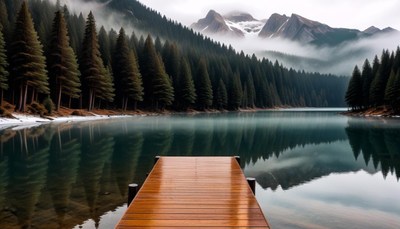 Mountain lake dock with fog