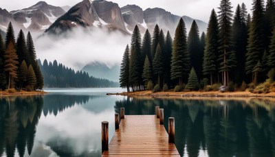 Mountain lake with fog and wooden dock