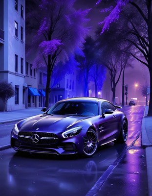 Purple sports car on city street at night