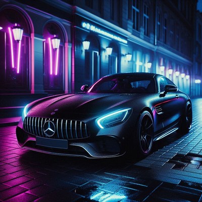 Black sports car in neon city street